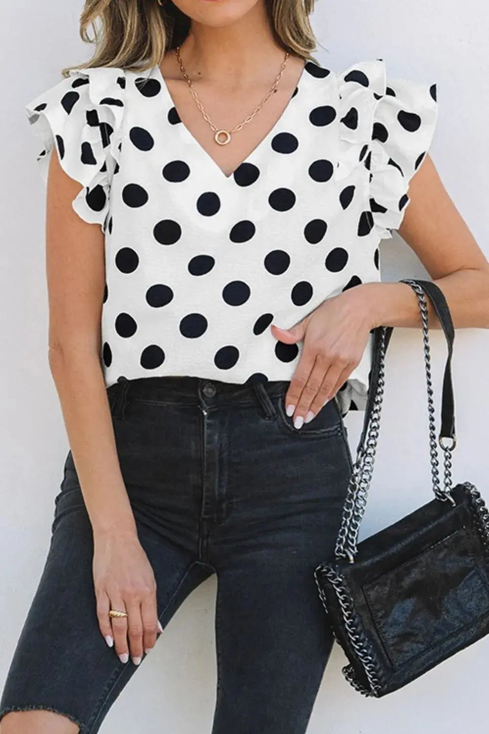 PolkaDotRuffledCapSleeveVNeckBlouse